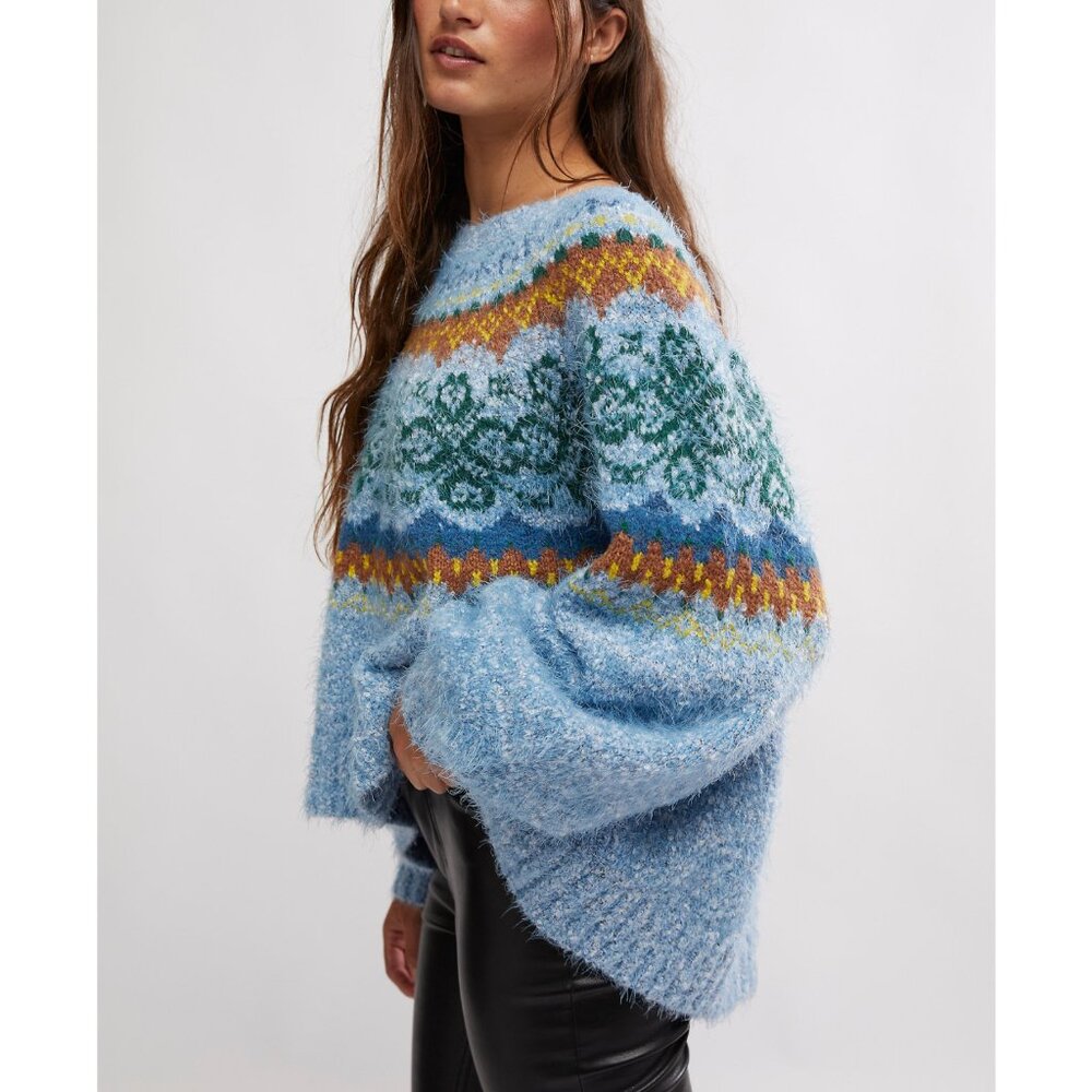 FREE PEOPLE Festive Frost Sweater / Ice Blue Combo - Picture 3 of 7